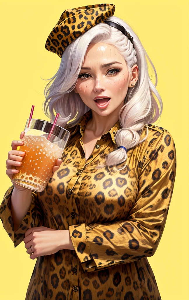 Close-up of a 40-year-old woman wearing a leopard print shirt and hat, Please draw an illustration of a cute girl shouting while holding a drink. Sweat. very hot . summer .Her hair color is white. Her eye color is blue. Her hairstyle is a ponytail . She is in uniform. She&#39;s on the cliff . She puts one foot in front of the other.