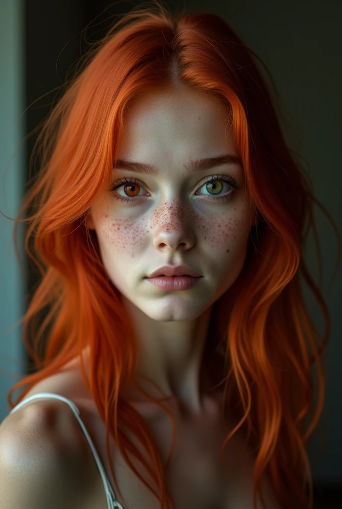 A red-haired girl with freckles all over her face. His left eye is red and his right eye is brown.  The girl is tall, cerca de 1,80 tall.
