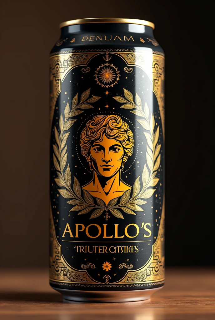 make me a design for a canned coffee packaging with a size of 21x6.7cm with a Roman concept with the brand name Apollo&#39;s Ambrosia with a cheerful design, with the dominant color black
