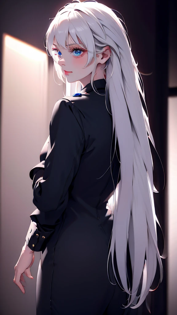 1 Girl, medium light white hair, light blue eyes, wearing Black Suit 4D , night club TOWN , high res, ultrasharp, 8K, masterpiece, looking from behind