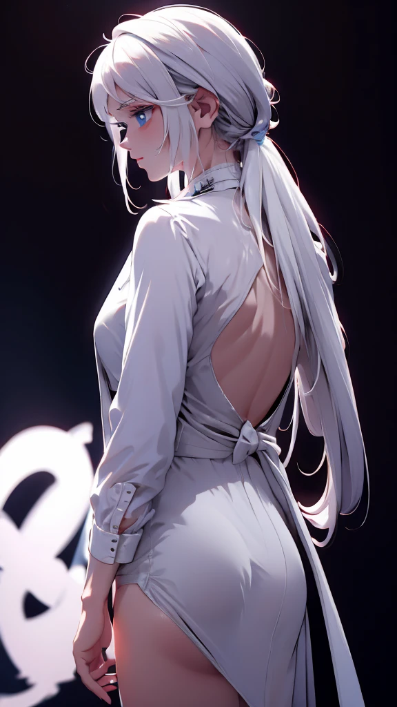 1 Girl, medium light white hair, light blue eyes, wearing Black Suit 4D , night club TOWN , high res, ultrasharp, 8K, masterpiece, looking from behind