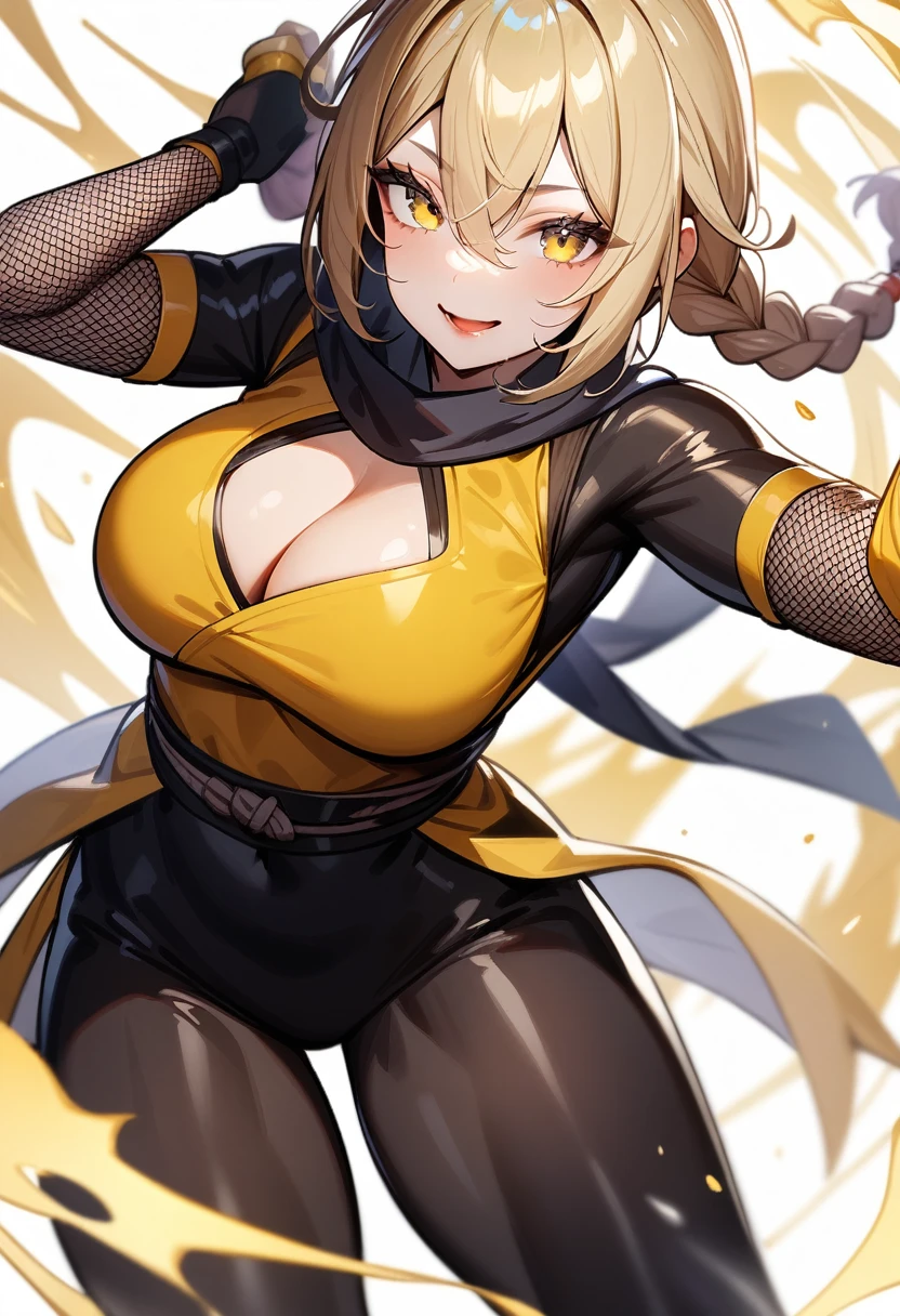 1girl,solo,super detailed skin,shiny skin,expressionless face,smile ,yellow medium hair,hairs between eyes,high-tied twin braids,eyelashes,lips gloss ,open mouth,large soft breasts,fullbodysuit,fishnet arms,cleavage cutout,ninja clothes ,cleavage cutout,yellow magic,simple background,masterpiece,best quality,ultra detailed,high resolution,sharp focus