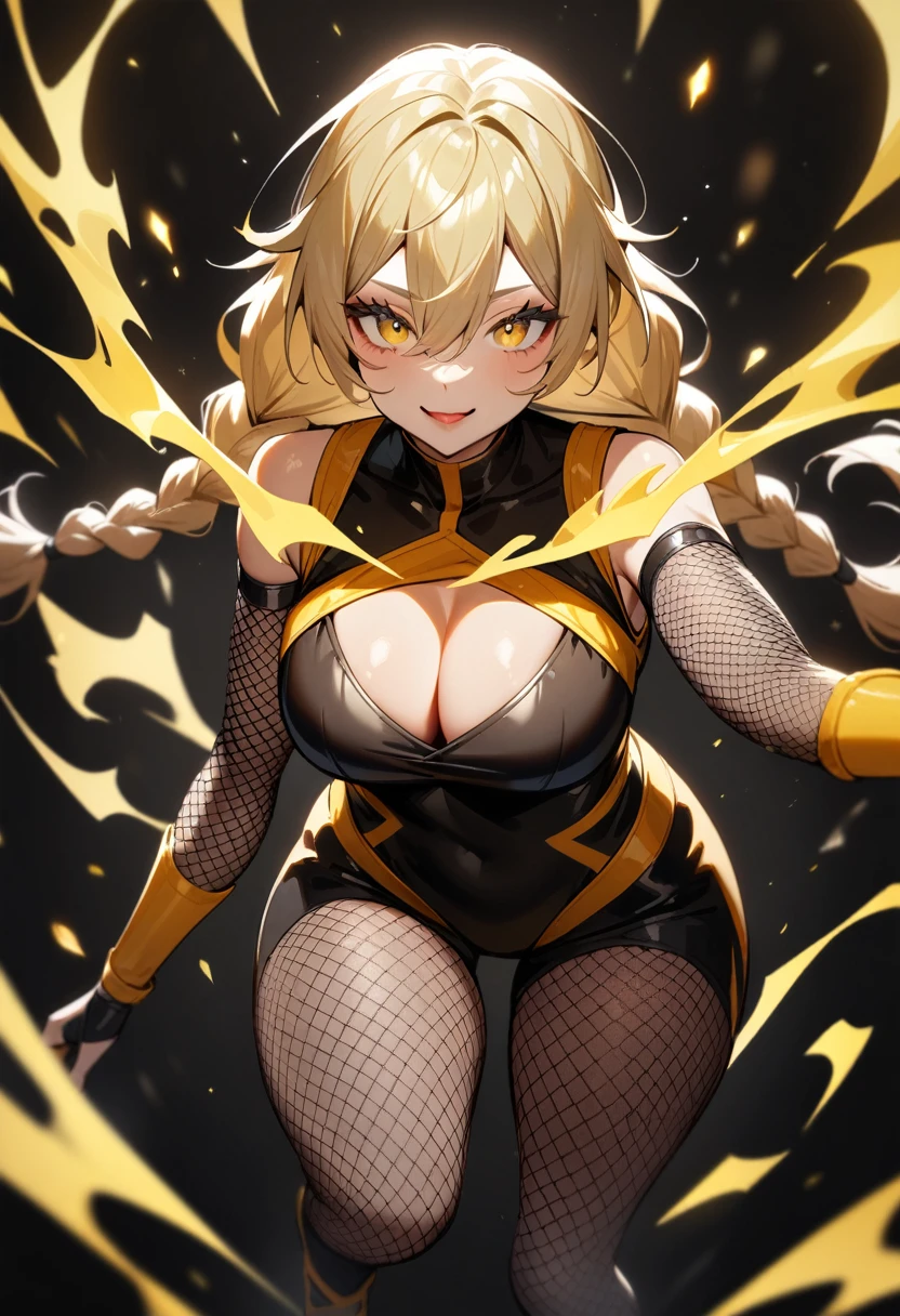 1girl,solo,super detailed skin,shiny skin,expressionless face,smile ,yellow medium hair,hairs between eyes,high-tied twin braids,eyelashes,lips gloss ,open mouth,large soft breasts,fullbodysuit,fishnet arms,cleavage cutout,ninja clothes ,cleavage cutout,yellow magic,simple background,masterpiece,best quality,ultra detailed,high resolution,sharp focus
