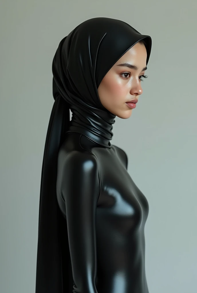 A girl wearing hijab . Innocent face. Long leg. Wearing full body black latex suit. High quality. High resolution