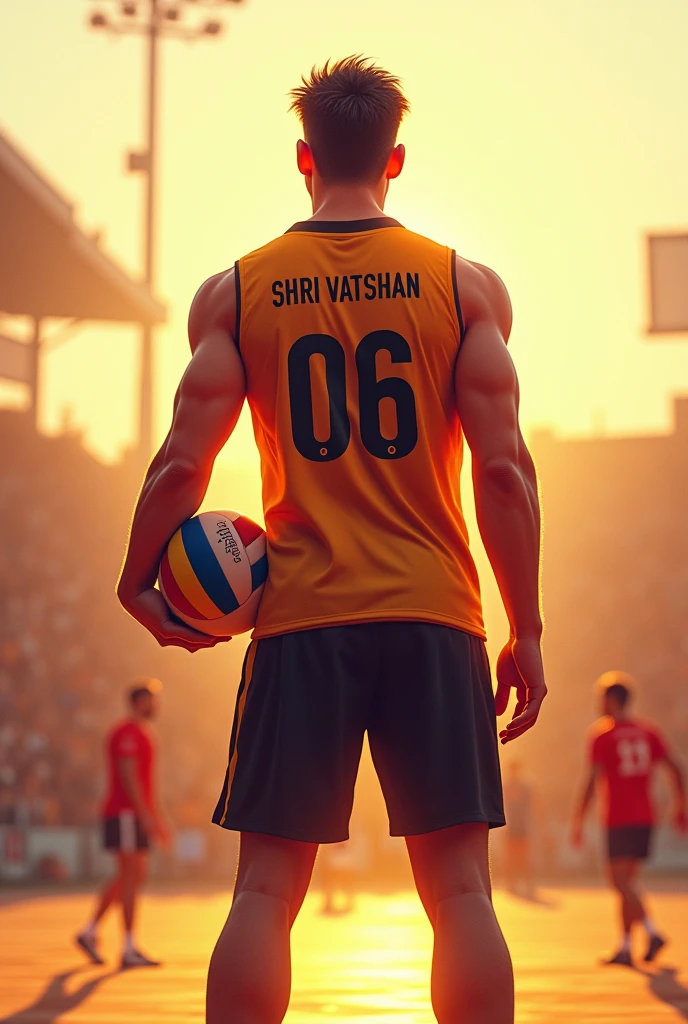 A male volleyball player standing turned back without showing the face ,his jersey number is 06 and name is SHRI VATSHAN with a volleyball in his hand (with sunlight background) in straight