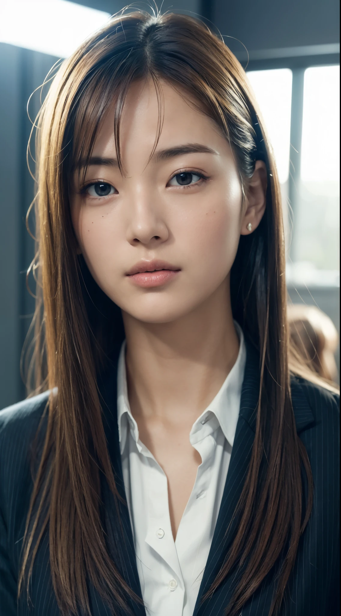 Business formal dress、(photoreal:1.4)、(hyper realistic:1.4)、(realistic:1.3)、(soft lighting:1.05)、(映画の照明Quality improvement:0.9)、32K、1 girl、28 year old girl、realistic lighting、backlight、face lighting、ray tracing、(Brighter light:1.2)、(Quality improvement:1.4)、(Top quality real textured skin:1.4)、finely tuned、detailed face、good eyes、(tired, I'm sleepy and satisfied:0.0)、(Improves the beauty of skin texture.:1.1)、realistic skin texture, Ayaka Miyoshi