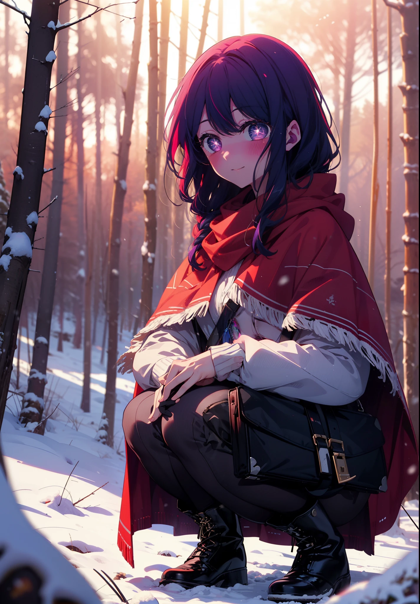 aihoshino, Ai Hoshino, Long Hair, bangs, (Purple eyes:1.1), Purple Hair, (Symbol-shaped pupil:1.5), smile,,smile,blush,white breath,
Open your mouth,snow,Ground bonfire, Outdoor, boots, snowing, From the side, wood, suitcase, Cape, Blurred, , forest, White handbag, nature, Squat, Mouth closed, Cape, winter, Written boundary depth, Black shoes, red Cape break looking at viewer, Upper Body, whole body, break Outdoor, forest, nature, break (masterpiece:1.2), Highest quality, High resolution, unity 8k wallpaper, (shape:0.8), (Beautiful and beautiful eyes:1.6), Highly detailed face, Perfect lighting, Extremely detailed CG, (Perfect hands, Perfect Anatomy),