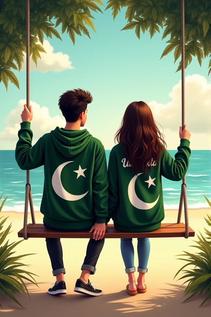 There are 20 Year old couple sitting if front on a swing in the Dubai beach beautiful greenery view, wearing a pakistani plag  hoodie,boy with name "chota" write on it,girl with name "sara" write on it lovely couple, the background is pakistani plag , holding hands  realistic art painting detail photo