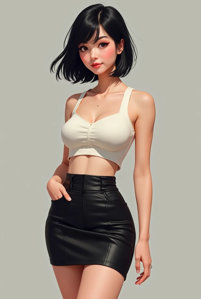 White woman with short black hair wearing a mini skirt and mini blouse