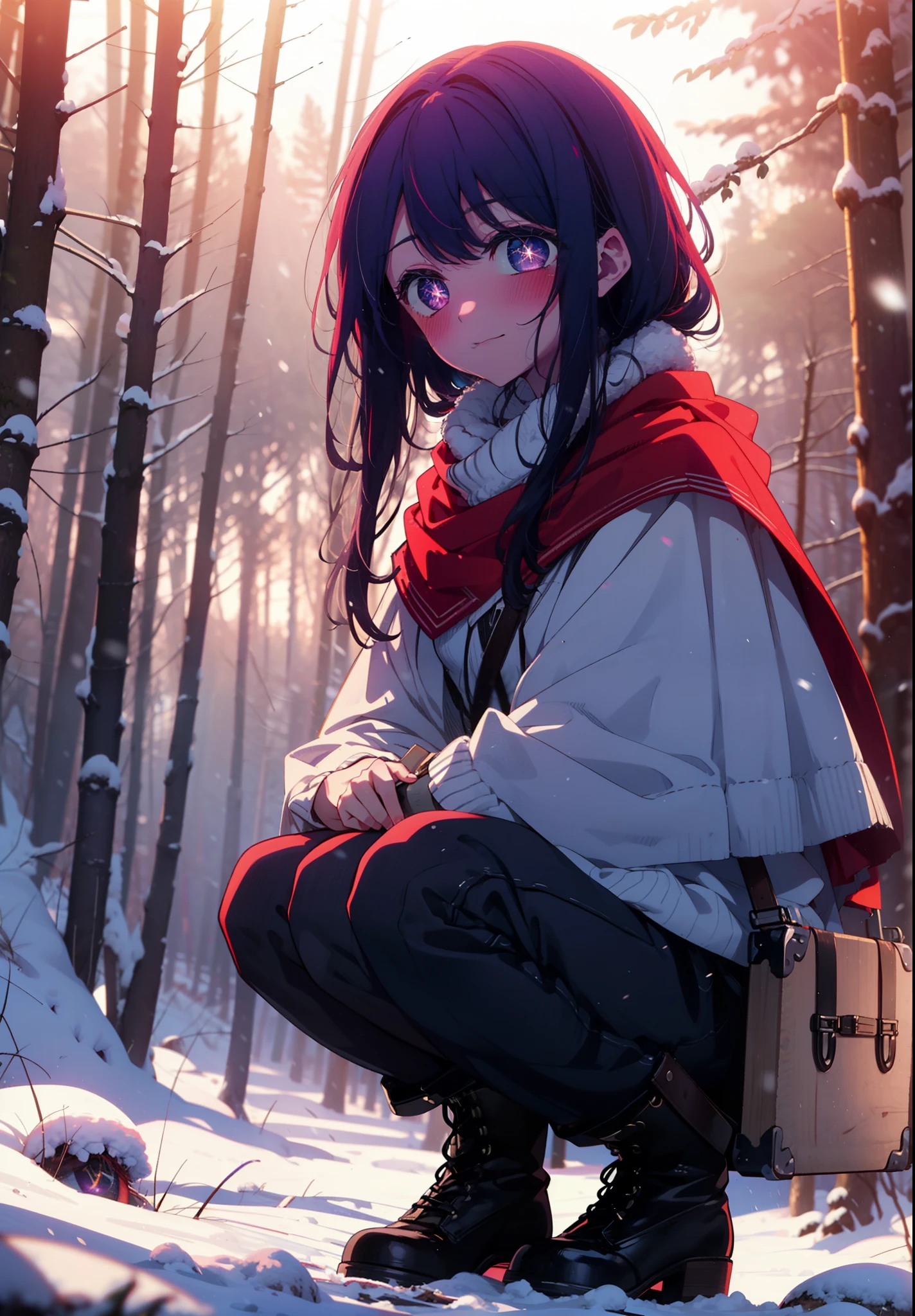 aihoshino, Ai Hoshino, Long Hair, bangs, (Purple eyes:1.1), Purple Hair, (Symbol-shaped pupil:1.5), smile,,smile,blush,white breath,
Open your mouth,snow,Ground bonfire, Outdoor, boots, snowing, From the side, wood, suitcase, Cape, Blurred, , forest, White handbag, nature, Squat, Mouth closed, Cape, winter, Written boundary depth, Black shoes, red Cape break looking at viewer, Upper Body, whole body, break Outdoor, forest, nature, break (masterpiece:1.2), Highest quality, High resolution, unity 8k wallpaper, (shape:0.8), (Beautiful and beautiful eyes:1.6), Highly detailed face, Perfect lighting, Extremely detailed CG, (Perfect hands, Perfect Anatomy),
