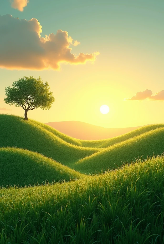 Morning Sun rising from hills ground is flat and have small grass and one tree side of the picture