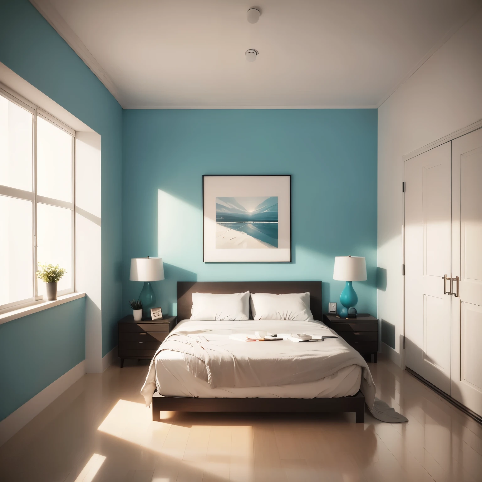 Newly renovated modern minimalist style room,First-person perspective, panoramic, A row of sofas, There is a restaurant next to it, The walls are decorated with beautiful paintings, frame, clear and Clean, Vibrant colors, Then next to the bedroom, Clean and tidy bed, Beautiful bedside wall decoration painting, With boundaries, Clear images, Clean, Vibrant colors, Light-colored soft furnishings, Add a little pop of color, Avoid stiffness in the overall feeling,The element is simple,HD Photo--Automatic
