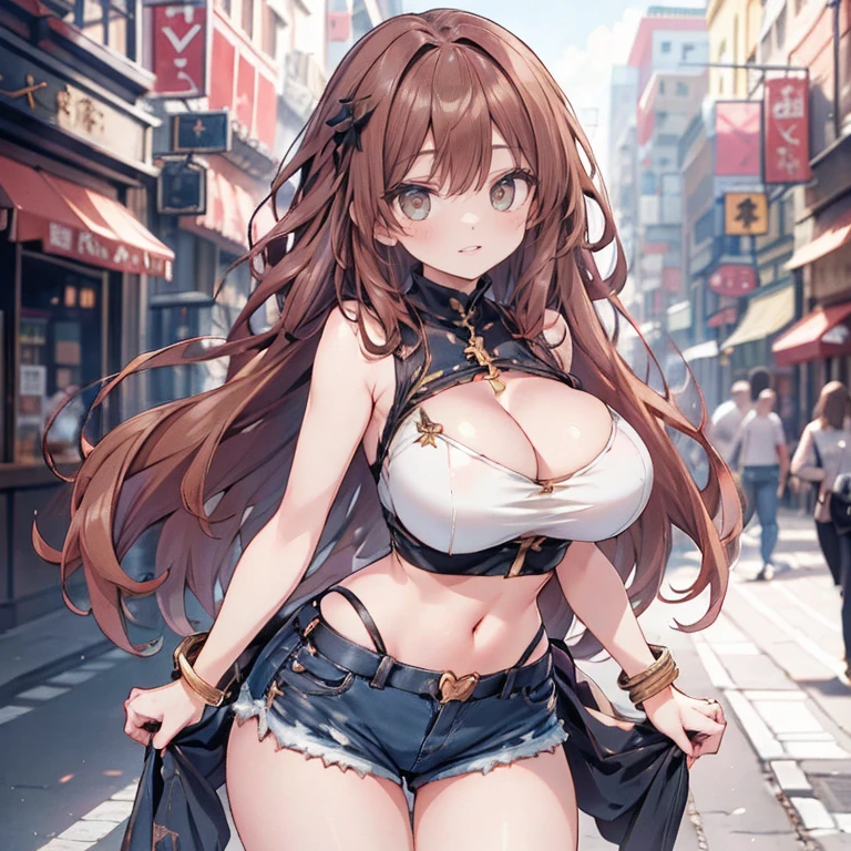 Anime Kawaii sexy Perfect Slim sensual body large breast and huge thighs, An intricate and highly detailed illustration of anime (Young girl) (work of art, best qualityer, ultra detali, high resolution, 4K),(beautiful detailed eyes),(very highly detailed face),(1 girl),HDR,long hair, shorts, phone, eyes browns, chestnut hair, cellphone, bracelet, regatta, jewerly, to attend, lips, focus only, glaze, blurry background, ssmile, wristto attend, realisitic, blurry, gazing at viewer