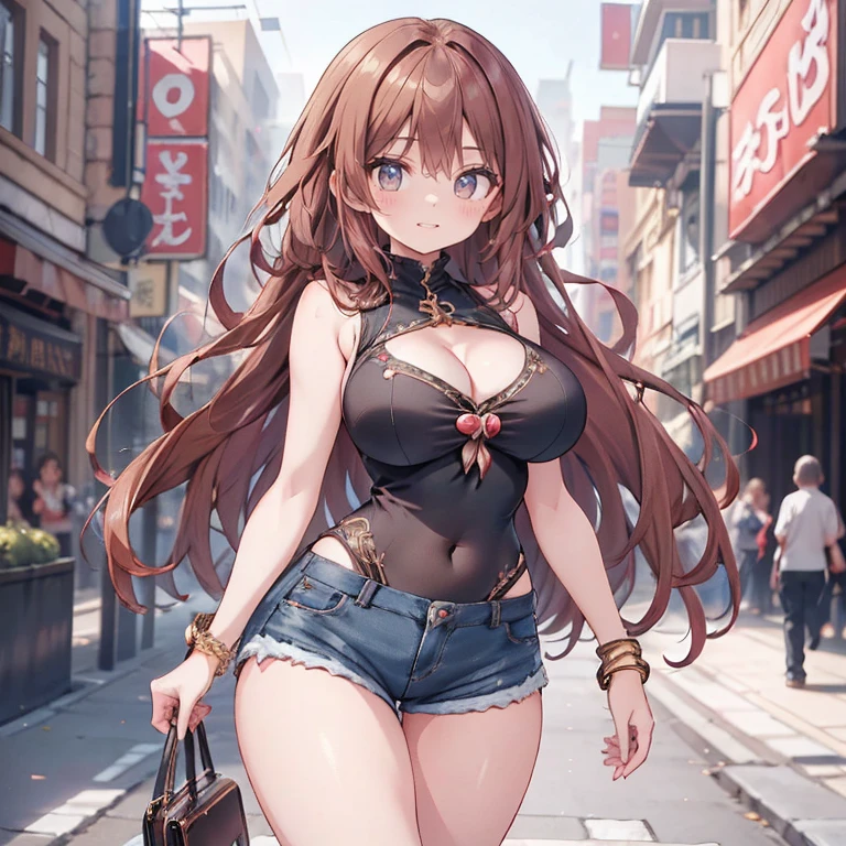 Anime Kawaii sexy Perfect Slim sensual body large breast and huge thighs, An intricate and highly detailed illustration of anime (Young girl) (work of art, best qualityer, ultra detali, high resolution, 4K),(beautiful detailed eyes),(very highly detailed face),(1 girl),HDR,long hair, shorts, phone, eyes browns, chestnut hair, cellphone, bracelet, regatta, jewerly, to attend, lips, focus only, glaze, blurry background, ssmile, wristto attend, realisitic, blurry, gazing at viewer