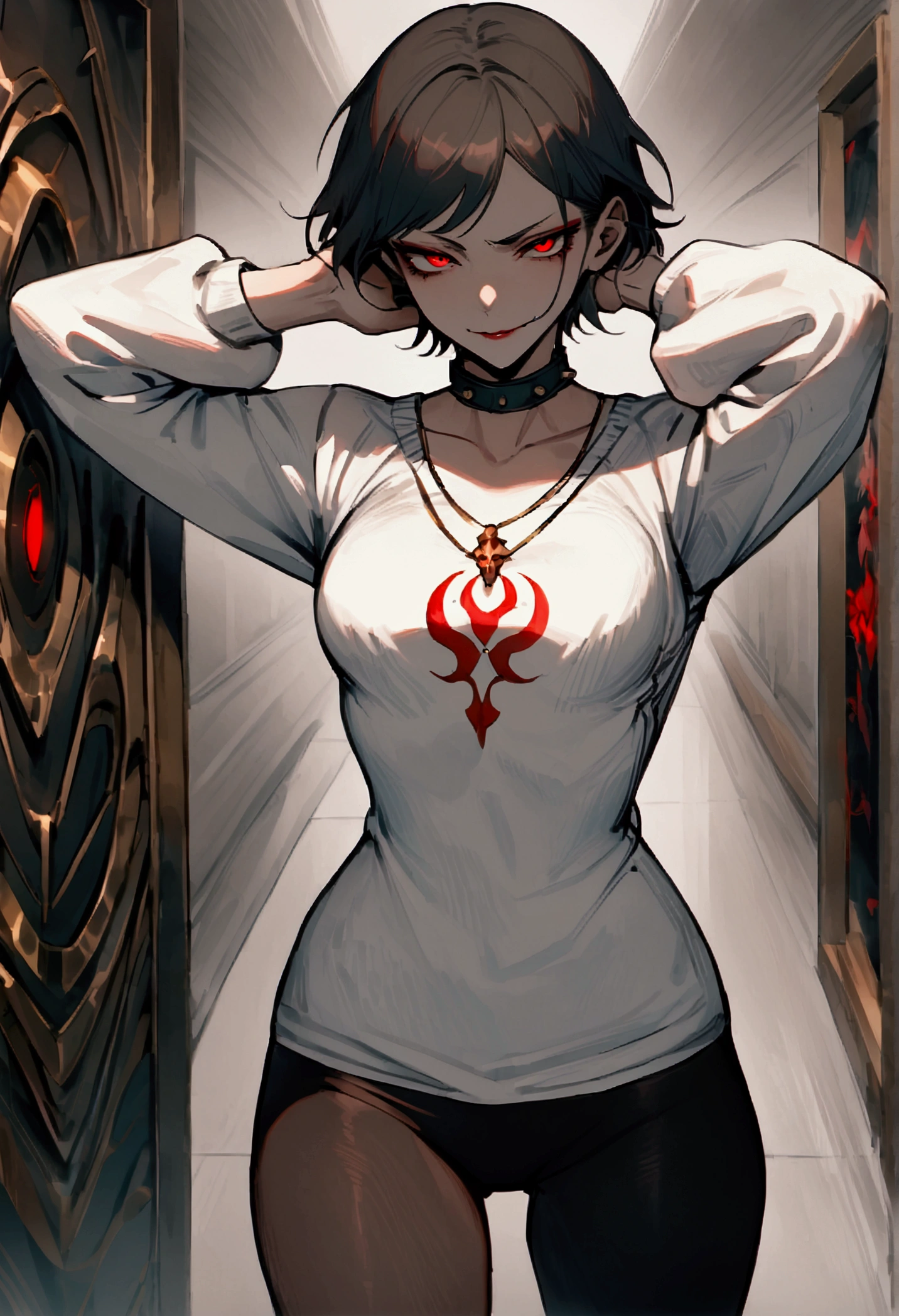 standing,alone,short hair,work of art,face detailed,young fitness linda,Wearing black pantyhose,tight white sweater with collar ,neckleace,evil smile,red eyes glowing,labiaa,eye shadow,bangs on the eyes,Hands behind the head ,