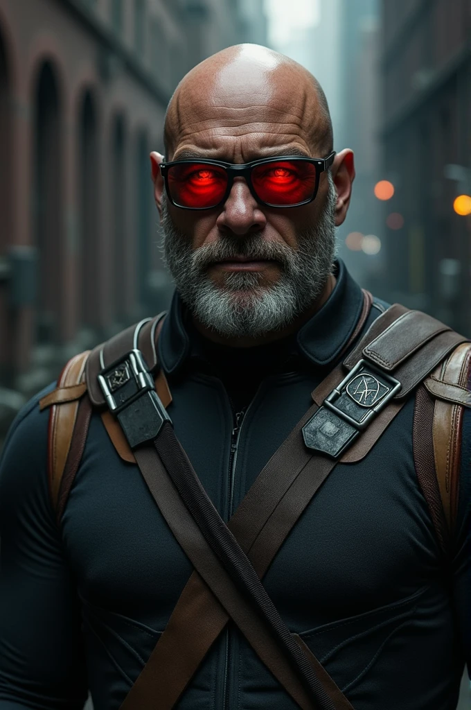 Create X-Men Cyclops over 40 years old, sunglasses with red lenses, e barba