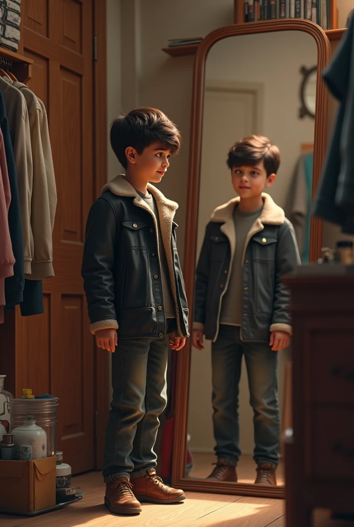 (masterpiece, Highest quality, shape, Subtle details, 8k:1.2),(Highly detailed CG Unity 8k wallpaper), (Highest quality), (Best illustrations), (((Black Leather Jacket:1.2))),A heartwarming digital image depicting a young boy in his bedroom, wearing an oversized, worn black leather jacket. The boy is standing in front of a full-length mirror propped against the wall, smiling with satisfaction at his reflection. The room is a bit messy, with jeans and shirts scattered around, as if the boy had just rummaged through a dresser. The door to the room is slightly ajar, and through the gap, his father is visible, watching his son with a concerned yet affectionate expression. The overall scene is cozy and nostalgic, capturing a tender moment between the boy and his father.,A detailed and heartwarming digital image of a young boy standing in his bedroom, wearing a slightly oversized, old black leather jacket that he’s struggling to pull on. The boy is gazing at himself in a full-length mirror leaning against the wall, a proud and satisfied smile on his face. Around him, the floor is cluttered with clothes—jeans, shirts, and other items that have been pulled out of a dresser. The room has a lived-in feel, with personal items and toys scattered around. In the background, the door is slightly open, and his father is peeking in with a concerned but gentle smile, clearly amused by his son's antics. The warm light in the room adds to the cozy and nostalgic atmosphere of the scene.,A detailed and heartwarming digital image of a young boy standing in his bedroom, wearing a slightly oversized, old black leather jacket that he’s struggling to pull on. The boy is gazing at himself in a full-length mirror leaning against the wall, a proud and satisfied smile on his face. Around him, the floor is cluttered with clothes—jeans, shirts, and other items that have been pulled out of a dresser. The room has a lived-in feel, with personal items and toys scattered around. In the background, the door is slightly open, and his father is peeking in with a concerned but gentle