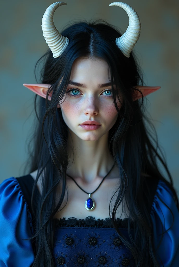 15 year old girl with long black hair with blue undertones wearing an Alice style dress in blue and black with royal blue eyes with white horns and a simple lazuli pencil necklace. And my whole body