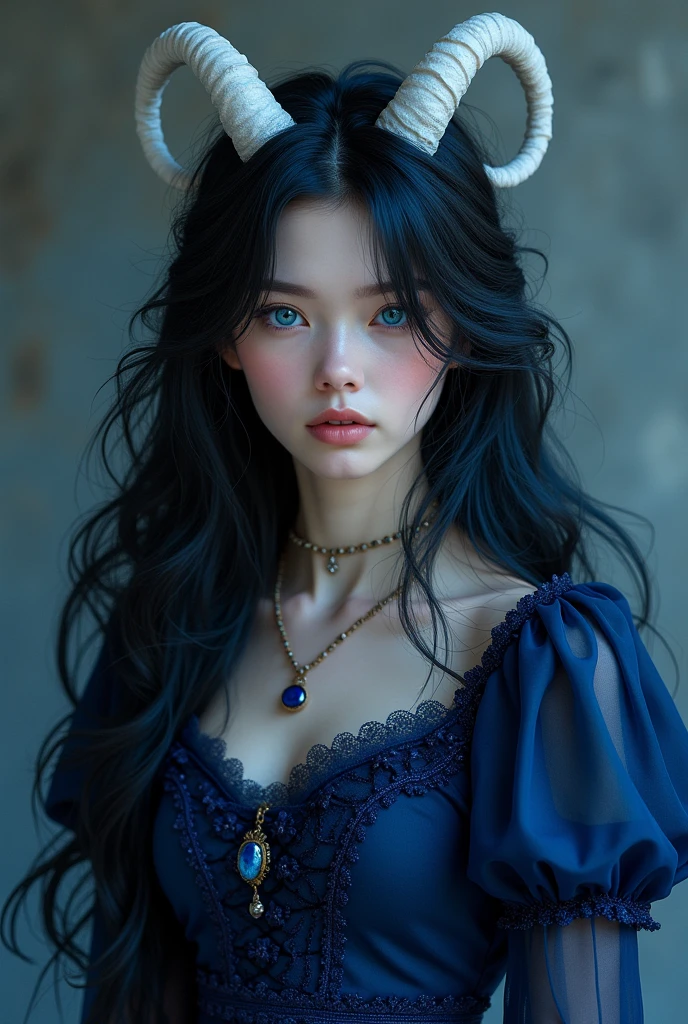  15 year old girl with long black hair with blue undertones wearing an Alice style dress in blue and black with royal blue eyes with white horns and a simple lazuli pencil necklace. And my whole body 