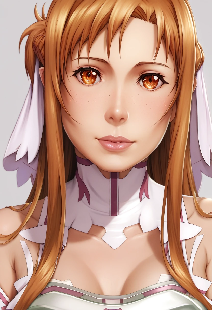 (1girl, Yuki Asuna, Asuna (Sword Art Online), detailed face, beautiful eyes, beautiful lips, long brown hair, bare shoulders, chest armor, removable sleeves, white gloves, red and white dress, elaborate dress, beautiful background, high quality, 8k, ultra-detailed, photorealistic, professional, vivid colors, masterpiece)