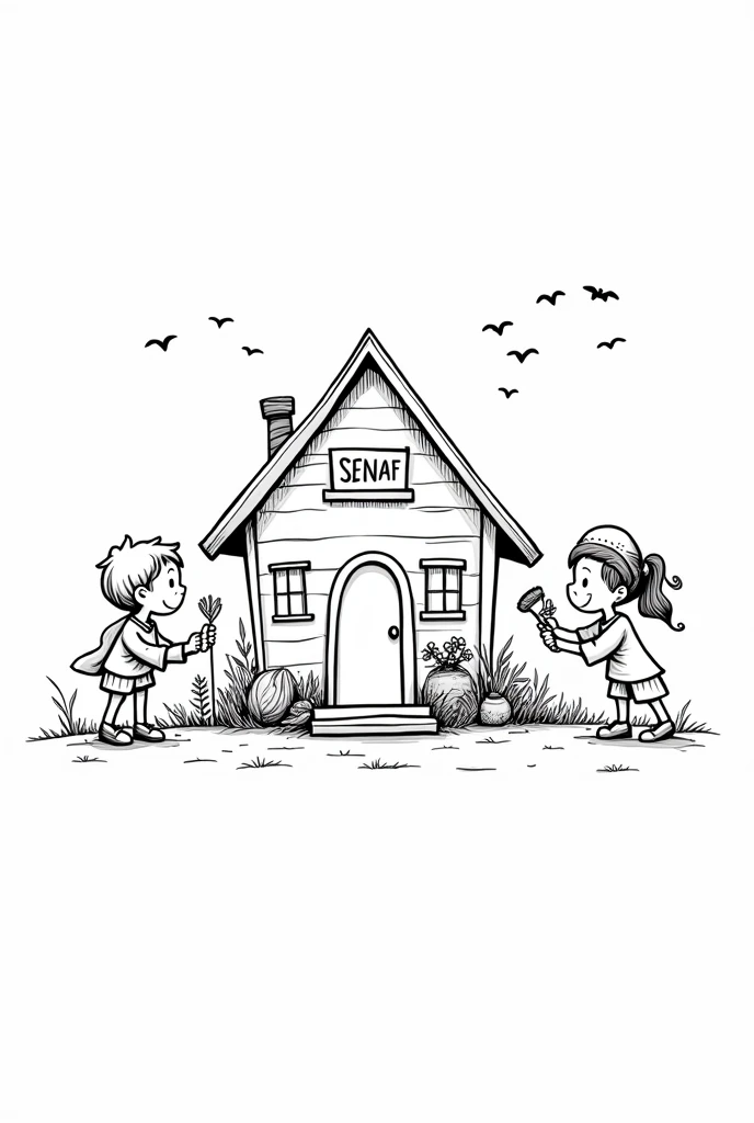Black and white coloring pages of happy boys and girls taking care of a house on which SENAF is written