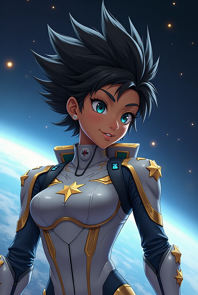 make a anime styled space pilot that has brown light brown skin that is a pacific islander, with black spikey hair and golden start decals on the space suit
