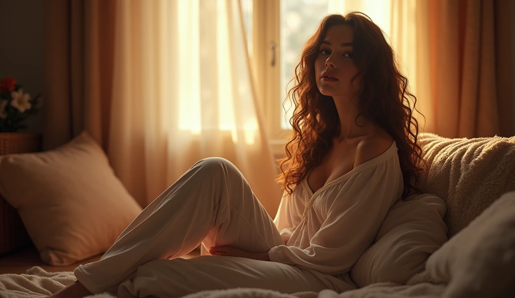 (photorealism:1.2), beautiful woman,, , pajama pants, long curly hair, indoors, soft lighting, , window with sunlight, cozy room, relaxed pose, realistic, intricate details, warm colors, by Greg Rutkowski, 