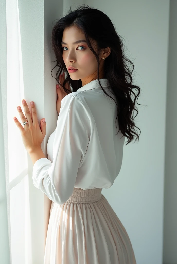 A white man, at 33 years old, com cabelo escuro,  blue colored eyes, wearing a white shirt and a skirt, standing with hands against the white wall of a room against the wall with her back to the camera and looking at the camera with a sexy look