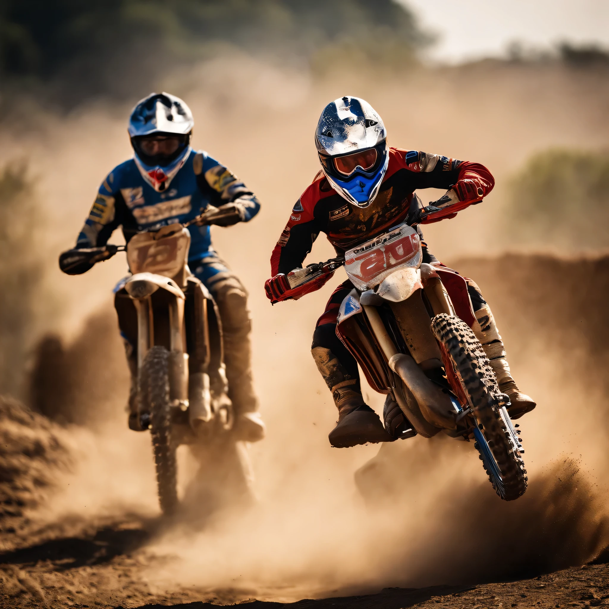 A thrilling moment captured in the heat of a motocross race, where two riders, clad in their battle-worn gear, are locked in a fierce competition. The lead rider, number 31, charges ahead with determination, his dirt bike roaring as it tears through the gritty terrain. The sun blazes above, illuminating the swirling dust and dirt kicked up by their tires, creating an intense, almost apocalyptic backdrop. The energy of the race is palpable, with the second rider close behind, every muscle straining to overtake and claim victory. The scene is a perfect depiction of raw power, speed, and the relentless pursuit of triumph