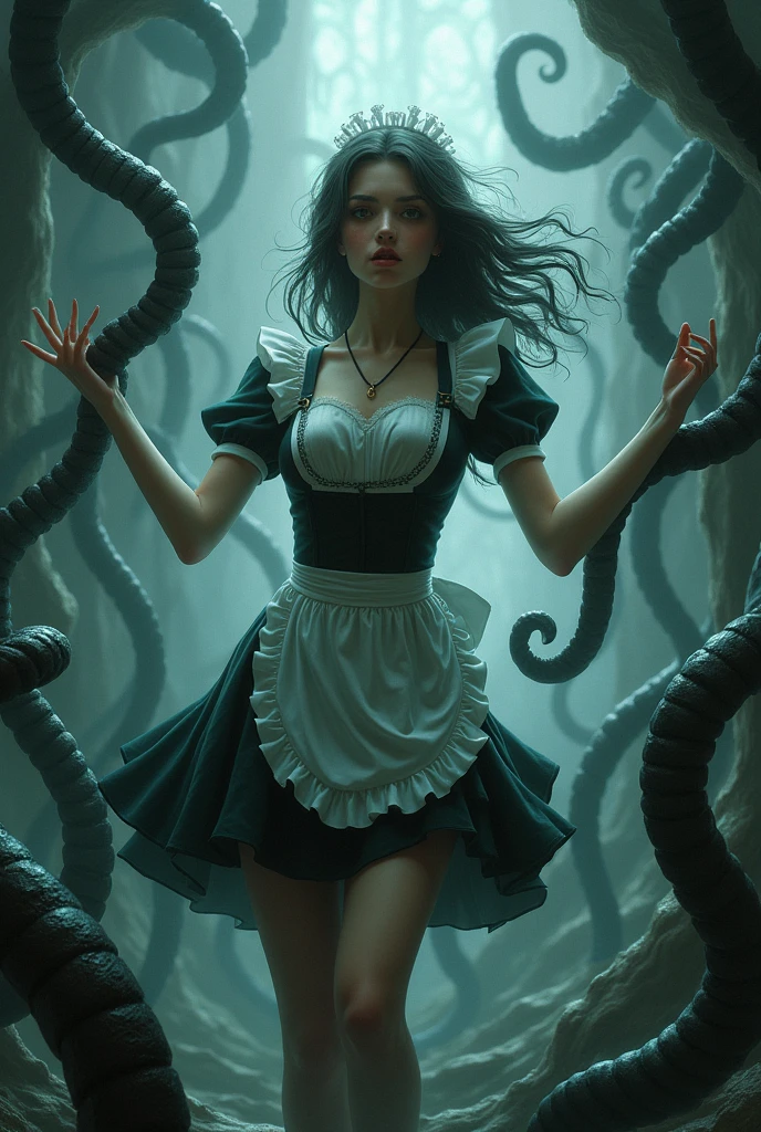 A beautiful woman in a maid outfit is caught by tentacles