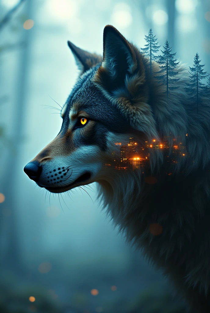 (Double Exposure Style:1.3), a forest skyline on the wolf's face, double image with ghost effect. Image combination: city skyline and wolf's face. cinematic lights. Masterpiece, best quality, 8K, photo realistic, wallpaper, wallpaper 8k, photographic contest winner, Hyperrealistic art cinematic film still photography in the style of detailed hyperrealism photoshoot. [Entire scene is surrounded by lights, evoking a magical and eerie atmosphere. The lighting is bright and atmospheric, with smoke adding a touch of sinister ambiance. Best quality image, HDR enhancement, showcasing the utmost level of detail and realism]. [8K, Best Quality, Ultra High Resolution, (highly detailed CG unity 8k wallpaper), (best photo), (best shadows), isometric 3D, octane rendering, ray tracing, highly detailed, (Best quality, 4K, 8k:1.2), absurdity, ultra detailed, (realistic, photorealistic, photorealistic:1.37), complex parts, HDR, (complex parts:1.12), (hyper detailed, hyper realistic, Soft lighting, spicy:1.2), (complex parts, Hyper detailed:1.15). Blurred foreground. (backlit), masterpiece, high quality, brightness, chromatic aberration, foggy smoke, shadows, contrast, clear sky, (warm hue, warm tone), high details, natural reflections].