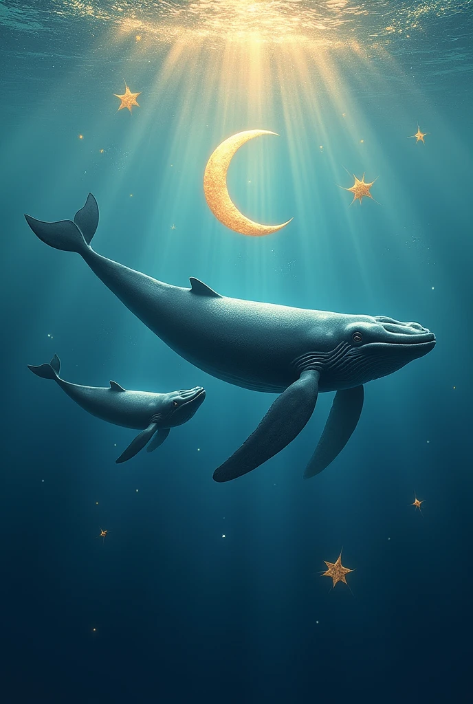 A whale with her baby, a moon, star, sun, 1327 vertically