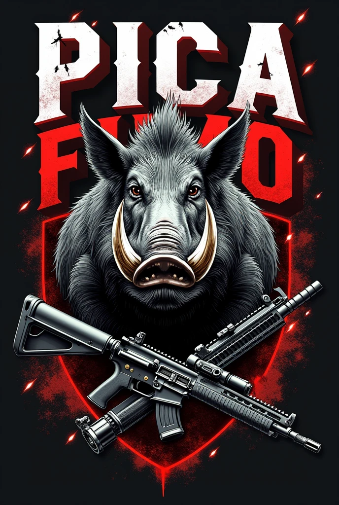 CREATE A MILITARY STYLE LONG SLEEVE SHIRT PRINT WITH WRITTEN LOGO "PICA FUMO TEAM" A DEADLY BOAR , Rifle .5.56 , SHOOTING HOLES