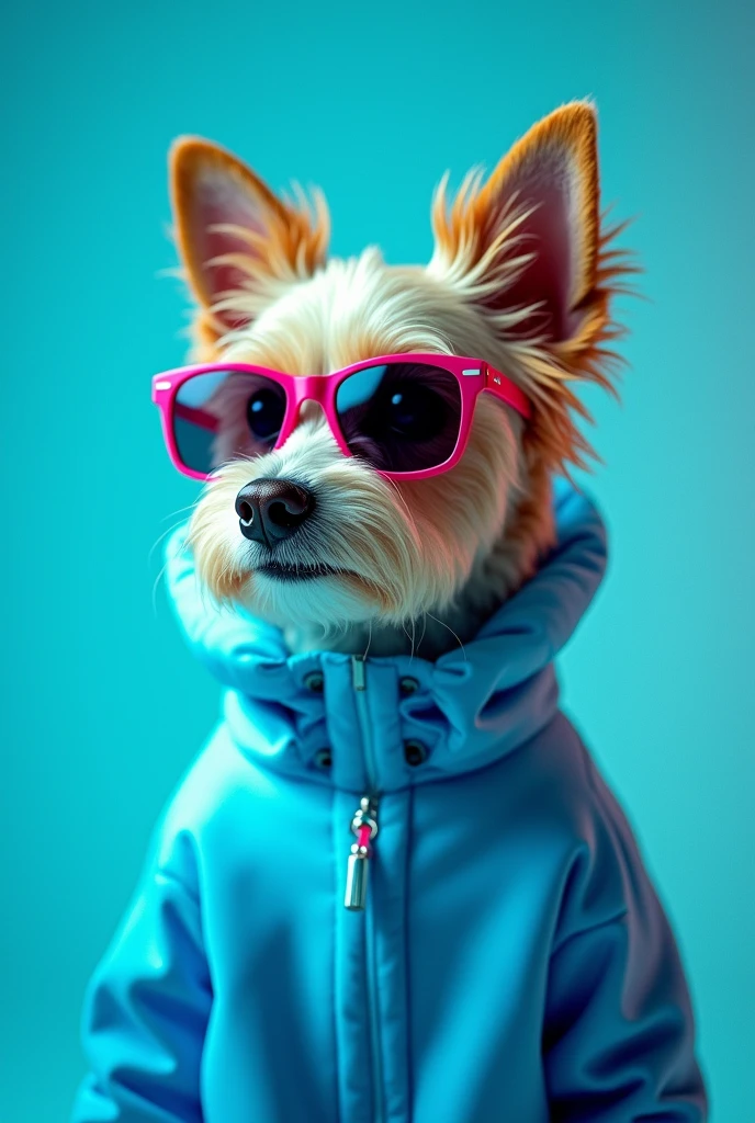 The best cell phone wallpaper, Award-Winning Wallpaper, portrait photography, In the front view is a portrait of a cute dog wearing mid-1960s space age fashion, Side view photo, Shot with Canon EOS R5, Set a strong contrast that accentuates the subject, Fluorescent blue tone, Wearing a very modern coat and sunglasses is a modern 1960s style, Clothes all in one color, beautiful background