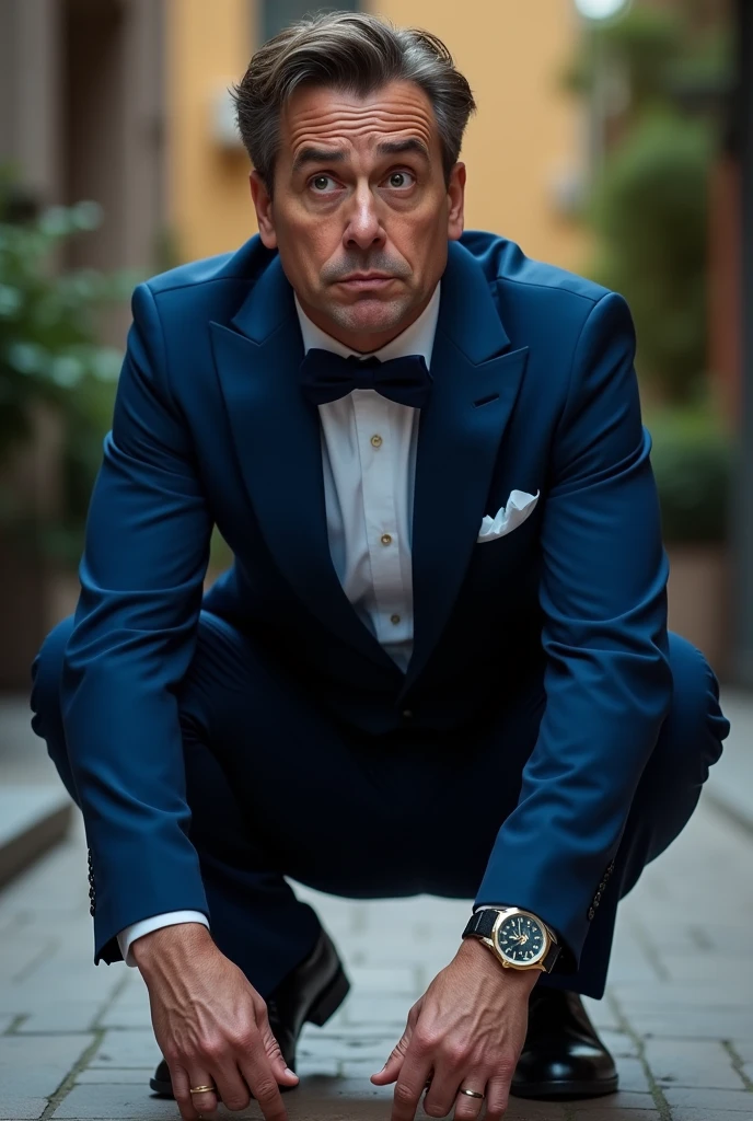 a guy in blue tuxedo squatting down confused expression