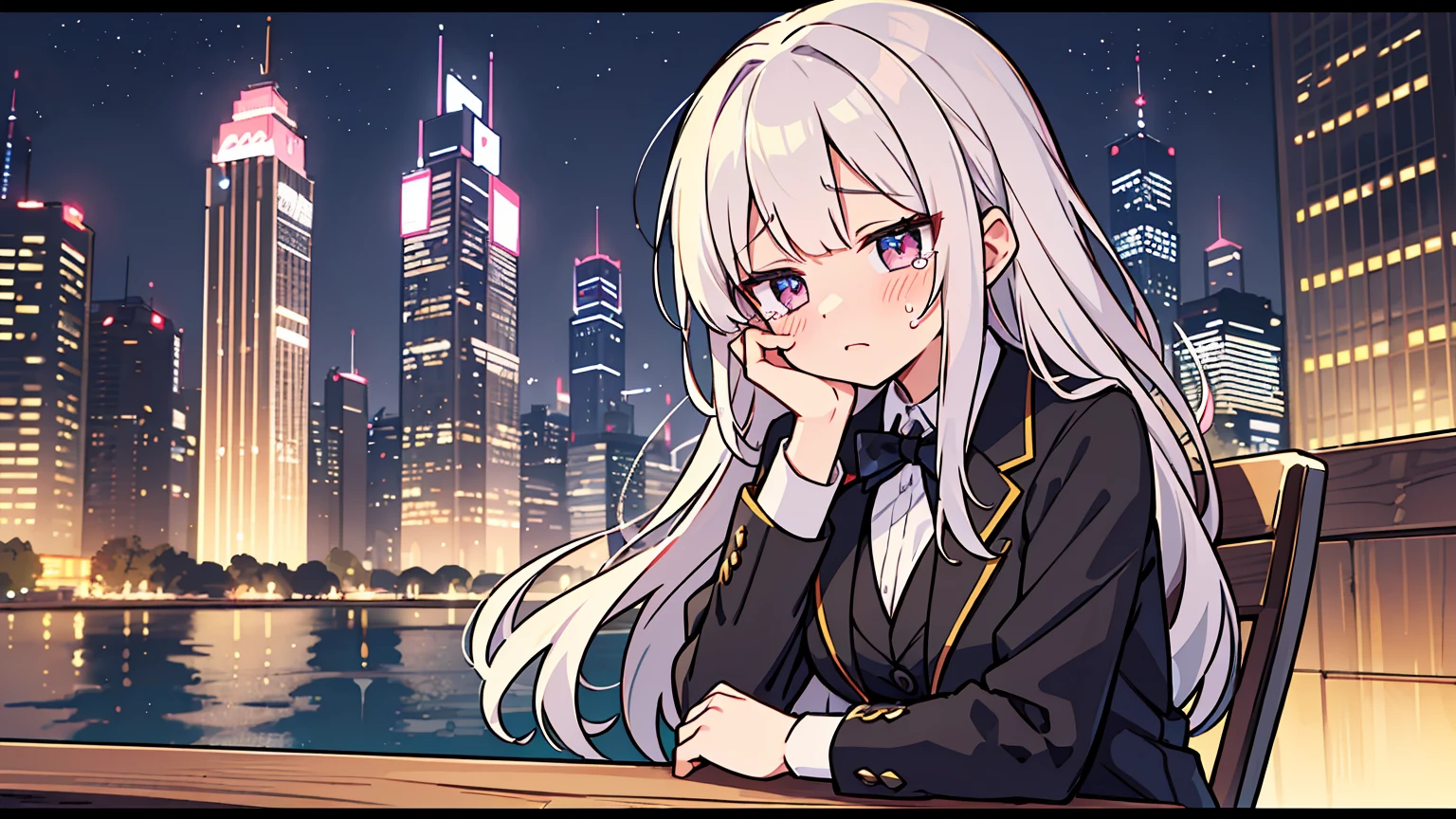 (masterpiece, best quality),1 woman,letterboxed, perfection of fashion,Cry out loud, suit,upper body, side,park bench with lake,Sitting on a chair and crying,The sadness of heartbreak,Shedding tears,Night view of Dubai Tower, Full of neon signs
