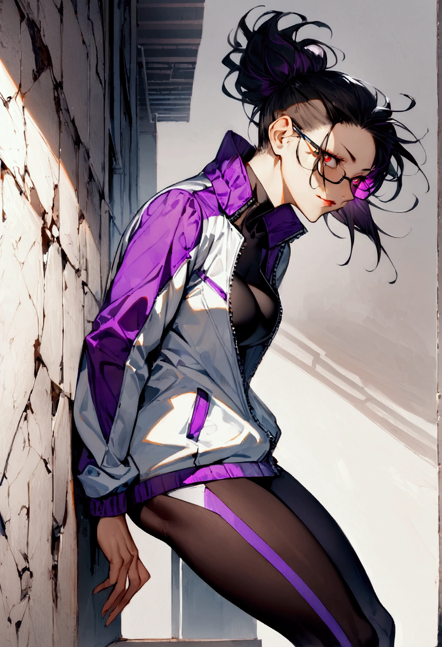 standing,alone,leaning against a broken wall,short hair,work of art,face detailed,beautiful young fitness woman with , in a gym wearing May with black pantyhose, white and purple tight short gym jacket. standing alone,red eyes glowing,Evil smile,legging preto ,labiaa,dark eye shadow,shining eyes,a hand leaning against the wall,neckleace,jacket zipper half open,Tight black shirt,white sports tennis shoes,short hair with purple details,beautiful curves,whole body,hair with purple details,labiaa,detailed face and eyes,work of art,sexy look,pefil from sideways,from sideways,wind in your hair,fully body,glasses on eyes sexy pose