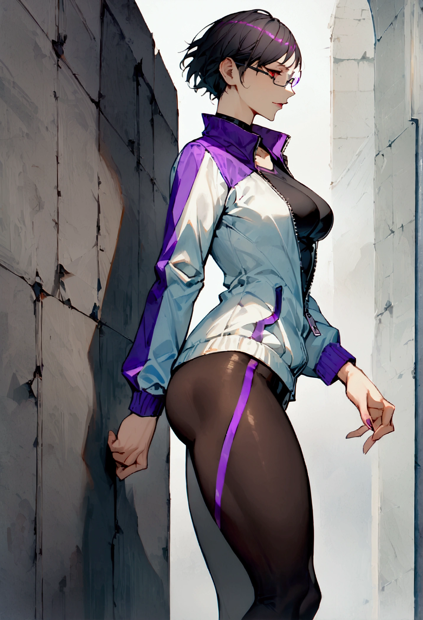 standing,alone,leaning against a broken wall,short hair,work of art,face detailed,beautiful young fitness woman with , in a gym wearing May with black pantyhose, white and purple tight short gym jacket. standing alone,red eyes glowing,Evil smile,legging preto ,labiaa,dark eye shadow,shining eyes,a hand leaning against the wall,neckleace,jacket zipper half open,Tight black shirt,white sports tennis shoes,short hair with purple details,beautiful curves,whole body,hair with purple details,labiaa,detailed face and eyes,work of art,sexy look,pefil from sideways,from sideways,wind in your hair,fully body,glasses on eyes sexy pose