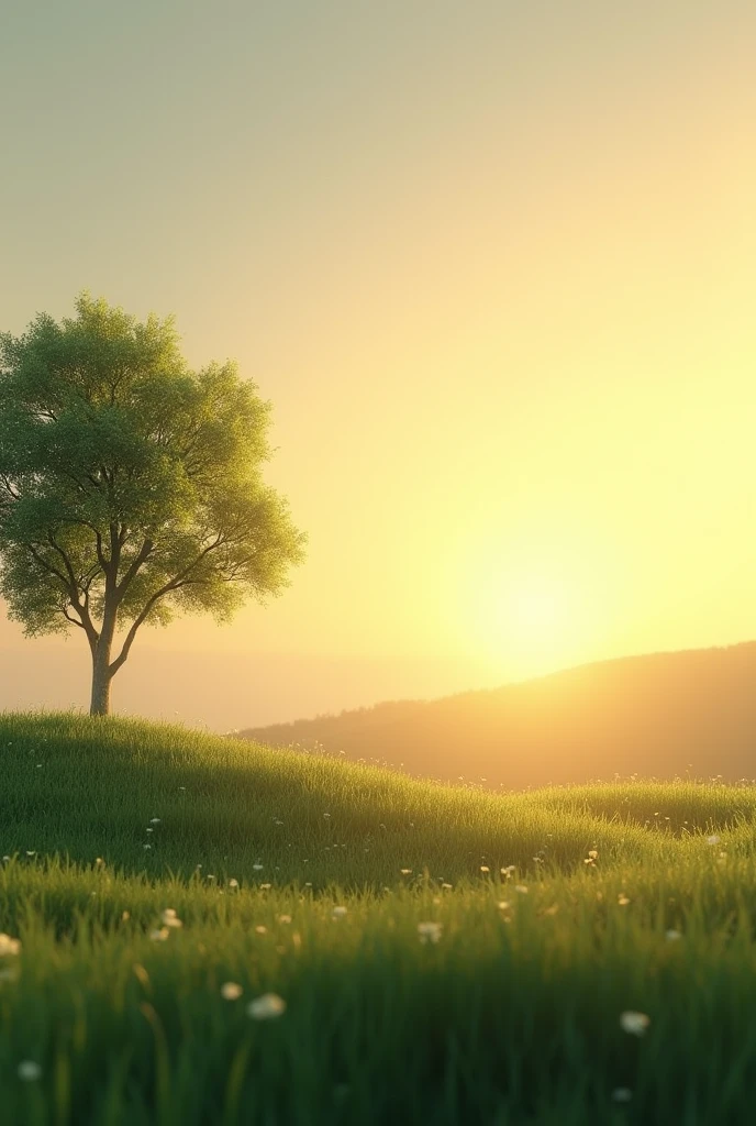 Morning Sun rising from hill ground is flat and have small grass and one tree side of the picture