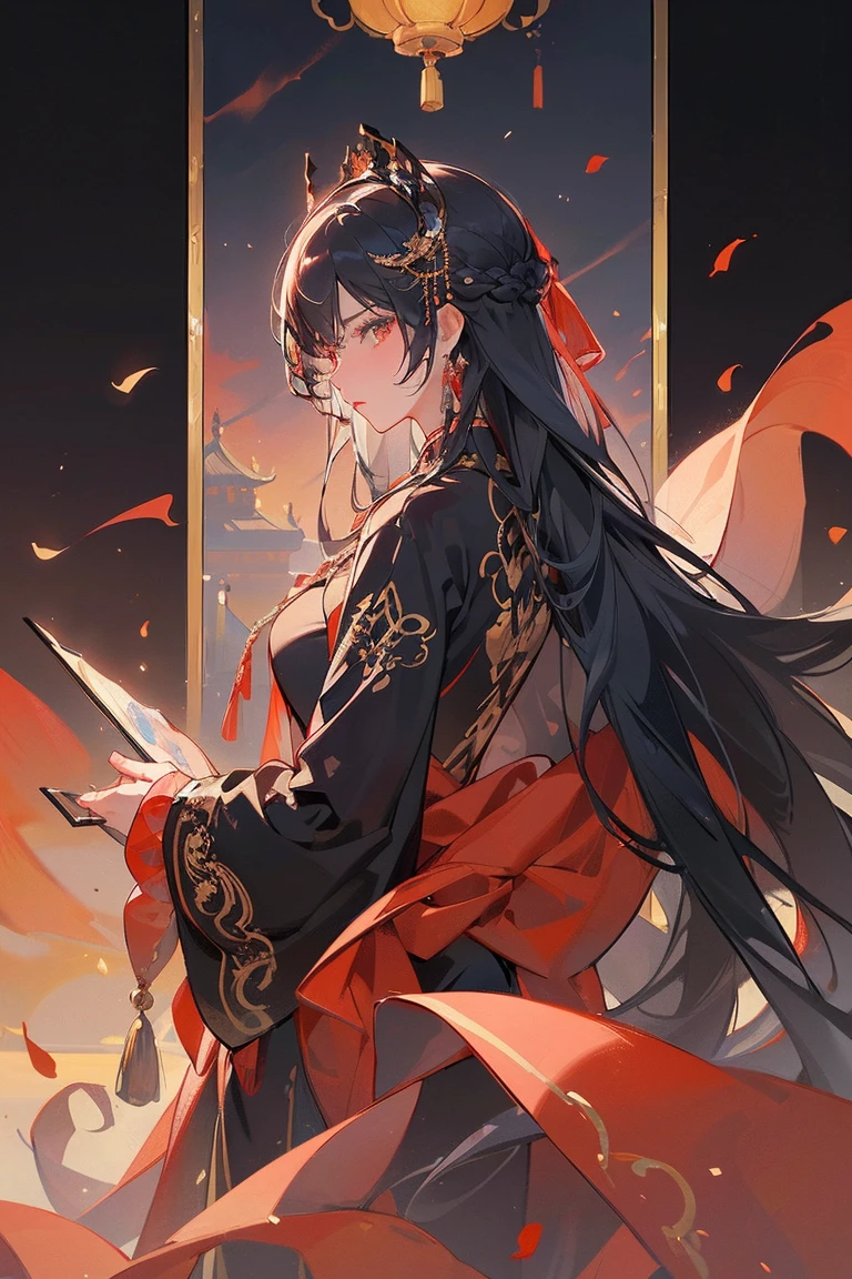 (extremely detailed 8K wallpaper),(ultra-detailed),(best quality),(masterpiece),(highly detailed),(cinematic lighting),(Original),Cold ligh,moody,(Chinese elaborate-style painting ),32K depth of field,1girl,(Queen),((image of female emperor)),((Immortal)),(long black hair),((Majestic expression)),((red clothes)), blue hair