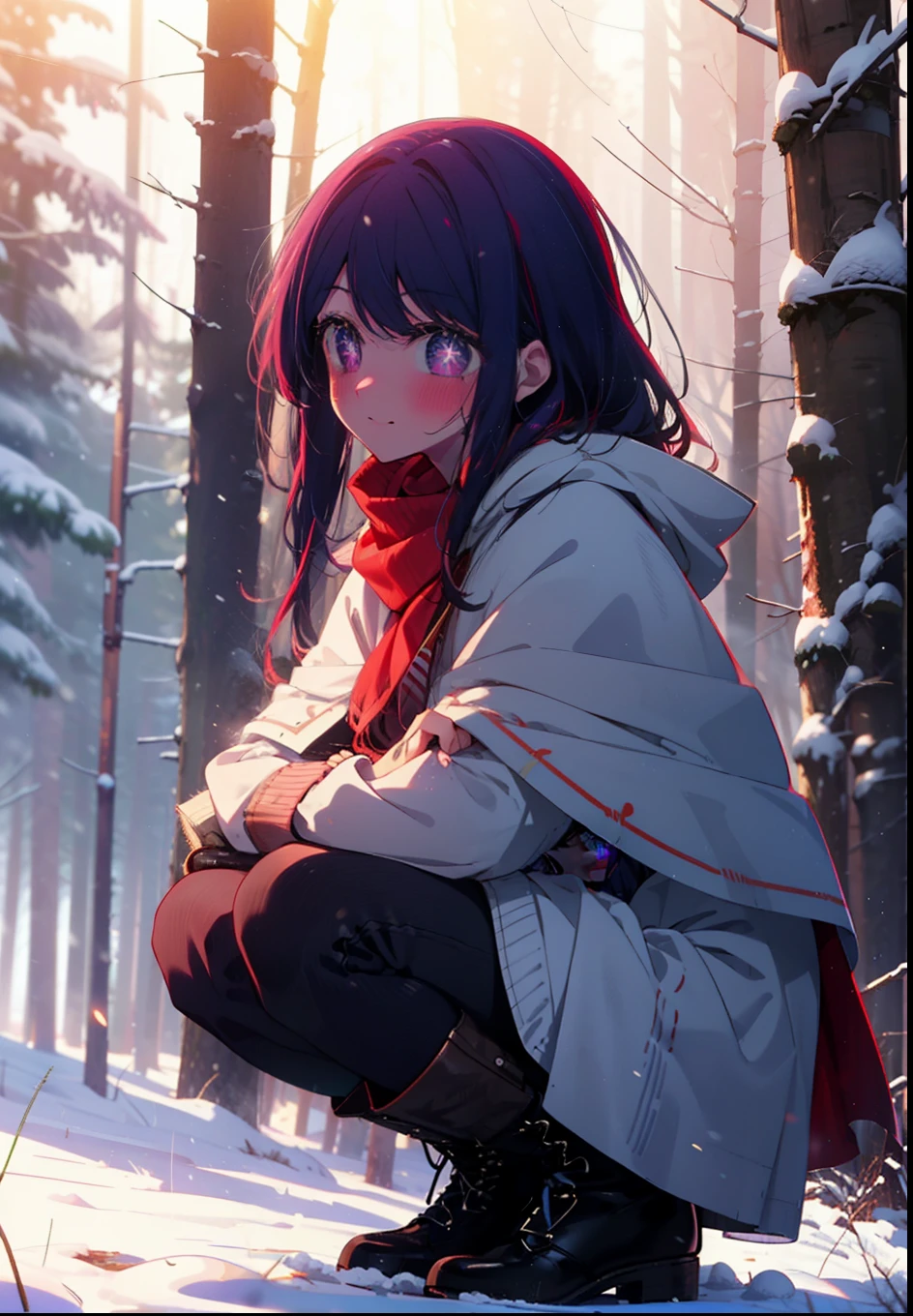aihoshino, Ai Hoshino, Long Hair, bangs, (Purple eyes:1.1), Purple Hair, (Symbol-shaped pupil:1.5), smile,,smile,blush,white breath,
Open your mouth,snow,Ground bonfire, Outdoor, boots, snowing, From the side, wood, suitcase, Cape, Blurred, , forest, White handbag, nature, Squat, Mouth closed, Cape, winter, Written boundary depth, Black shoes, red Cape break looking at viewer, Upper Body, whole body, break Outdoor, forest, nature, break (masterpiece:1.2), Highest quality, High resolution, unity 8k wallpaper, (shape:0.8), (Beautiful and beautiful eyes:1.6), Highly detailed face, Perfect lighting, Extremely detailed CG, (Perfect hands, Perfect Anatomy),