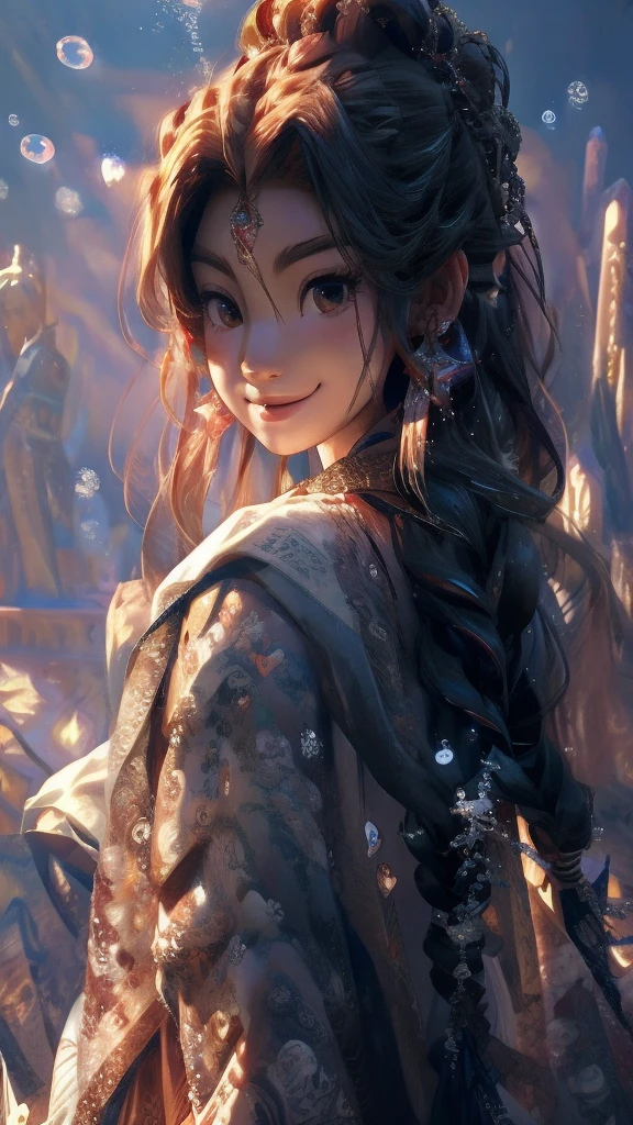 幻想的Wind景、masterpiece, Highest quality, High detail, Sparkle Effect、Wind、Very detailed, Widescreen, Underwater split view, One person, Long Hair, Braid, Heart-shaped earrings, smile, Diversity,