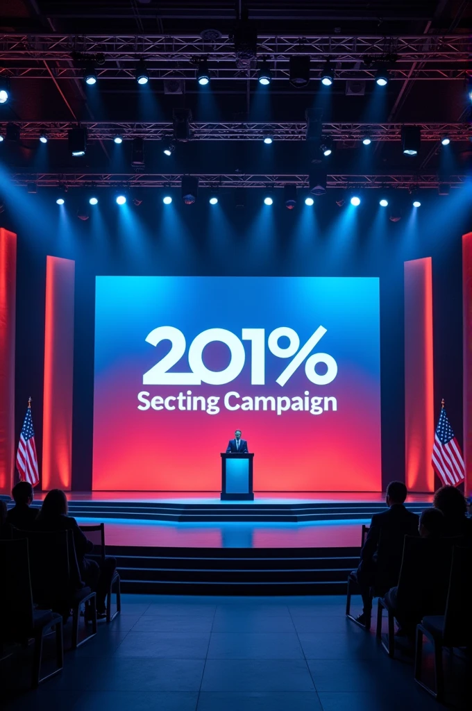 Stage, light, led video wall, podium setup for indoor meeting of a election campaing candidates meeting