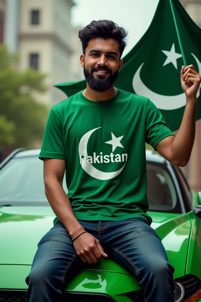 A person worn Pakistan green T-shirt with name Pakistan and with uperr sitting on green car with in hand Pakistan flag