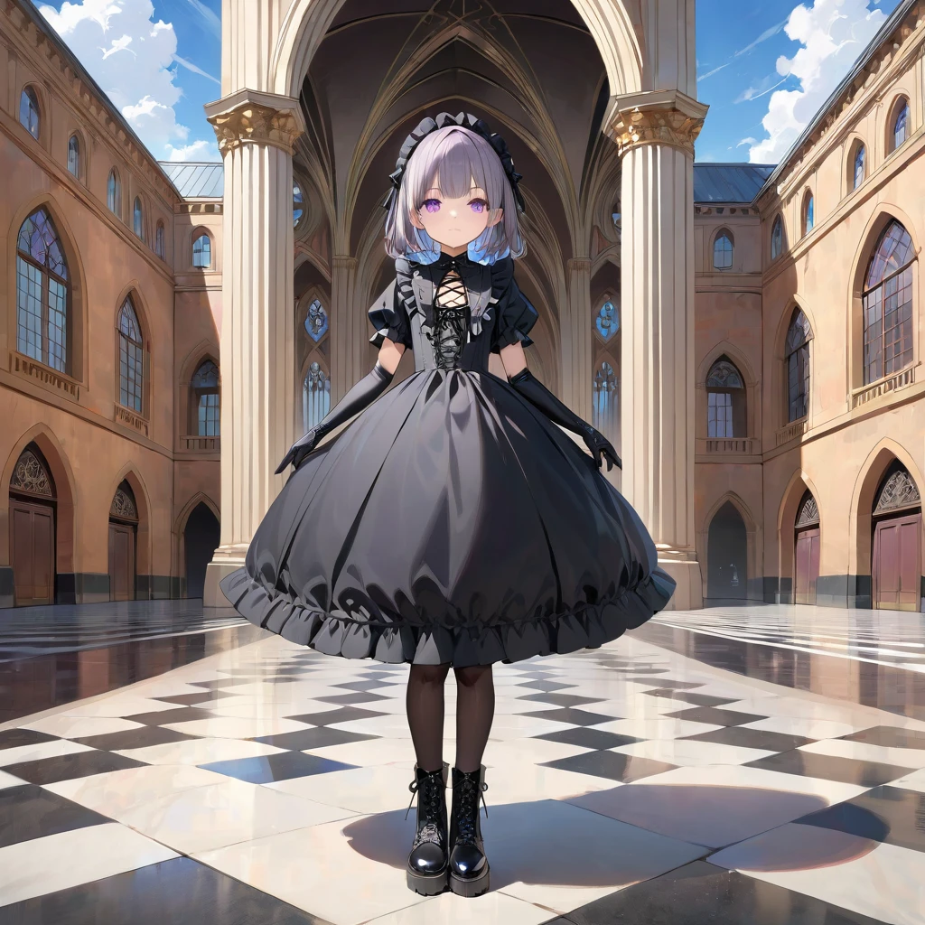 (((masterpiece))),(((best quality))),(((extremely detailed))), 1girl, solo, gothic lolita, child body proportion, neutral face, looking at viewer, standing, default front view, contrapposto,full body, long floating grey hair , purple eyes, BREAK (((full long black dress, frilled dress))), (black cross-laced footwear, black pantyhose), (lace-up boots), black elbow gloves, puffy short sleeves BREAK gothic architecture, building, cloudy sky