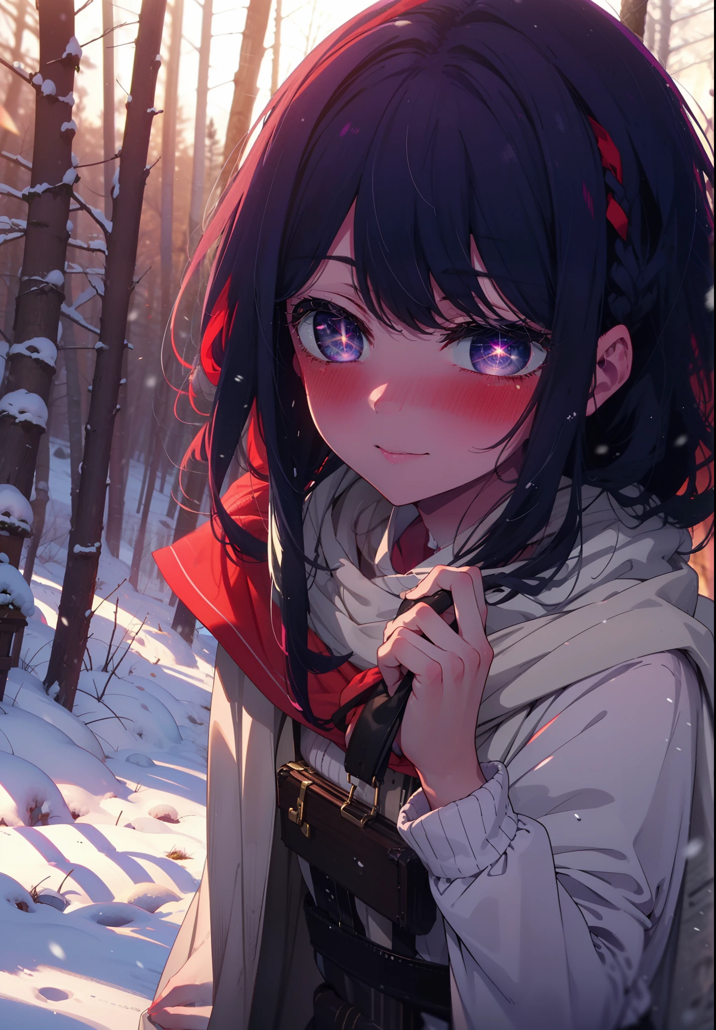 aihoshino, Ai Hoshino, Long Hair, bangs, (Purple eyes:1.1), Purple Hair, (Symbol-shaped pupil:1.5), smile,,smile,blush,white breath,
Open your mouth,snow,Ground bonfire, Outdoor, boots, snowing, From the side, wood, suitcase, Cape, Blurred, , forest, White handbag, nature,  Squat, Mouth closed, Cape, winter, Written boundary depth, Black shoes, red Cape break looking at viewer, Upper Body, whole body, break Outdoor, forest, nature, break (masterpiece:1.2), Highest quality, High resolution, unity 8k wallpaper, (shape:0.8), (Beautiful and beautiful eyes:1.6), Highly detailed face, Perfect lighting, Extremely detailed CG, (Perfect hands, Perfect Anatomy),