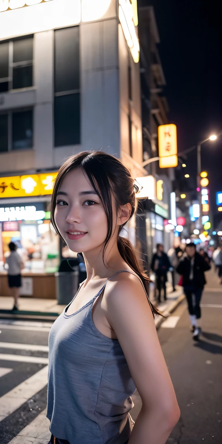 1 person, Tokyo Street,night, Streetscape,City lights,Upper Body,close,smile,, (8k, RAW Photos, Highest quality, masterpiece:1.2),(Realistic, photo-Realistic:1.37),