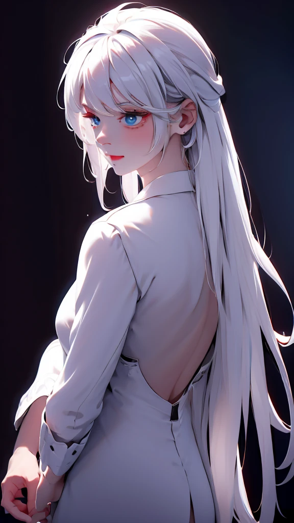 1 Girl, medium light white hair, light blue eyes, wearing Black Suit 4D , night club TOWN , high res, ultrasharp, 8K, masterpiece, looking from behind