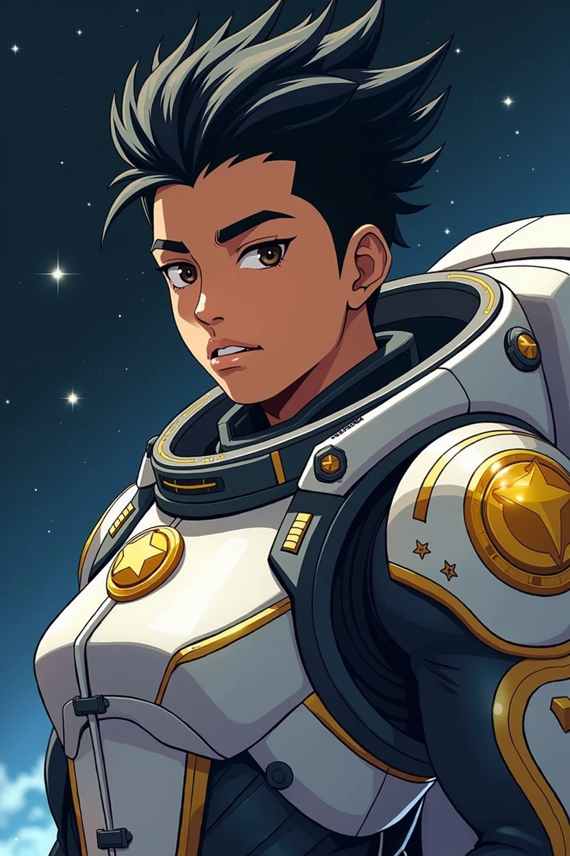 make a anime styled space pilot that has brown light brown skin that is a pacific islander, with black ?????? hair and golden start decals on the space suit