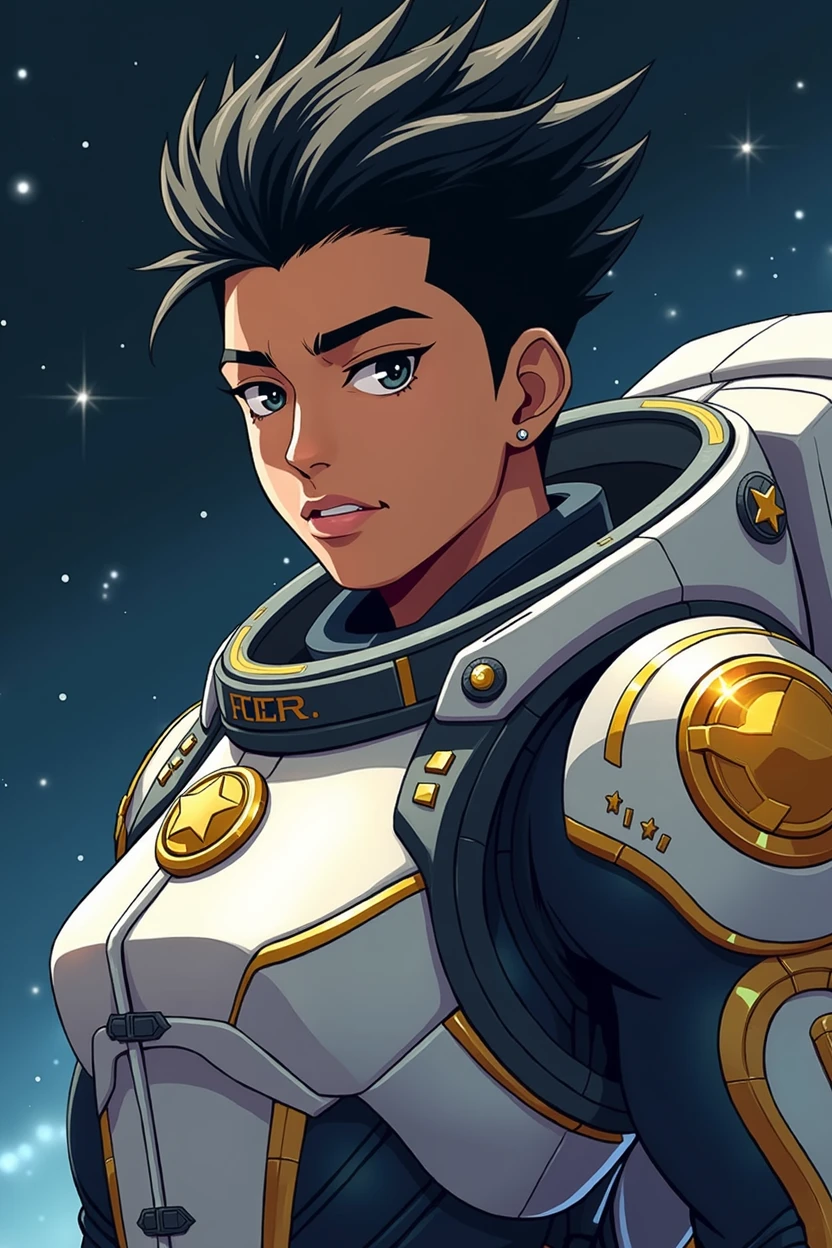 make a anime styled space pilot that has brown light brown skin that is a pacific islander, with black spikey hair and golden start decals on the space suit